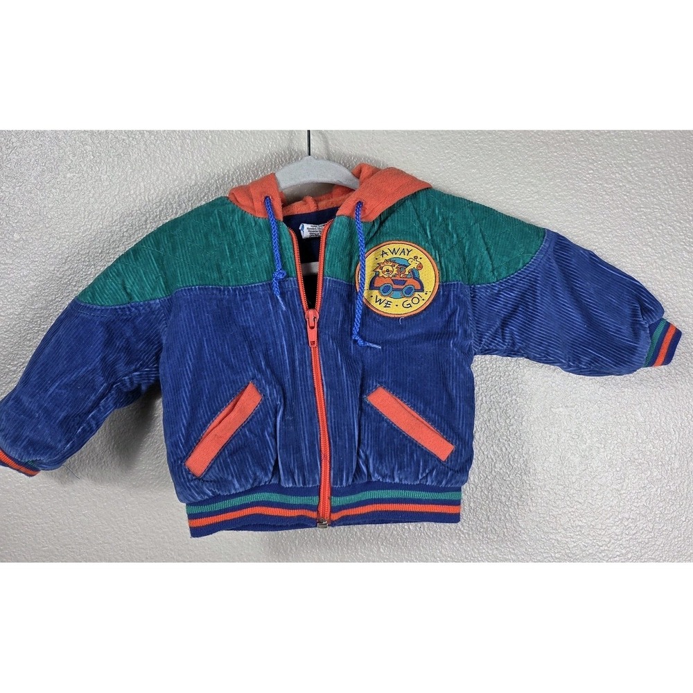 Vintage 90s Color Block Corduroy Jacket Baby 6-9M Retro Hooded Toddler Coat